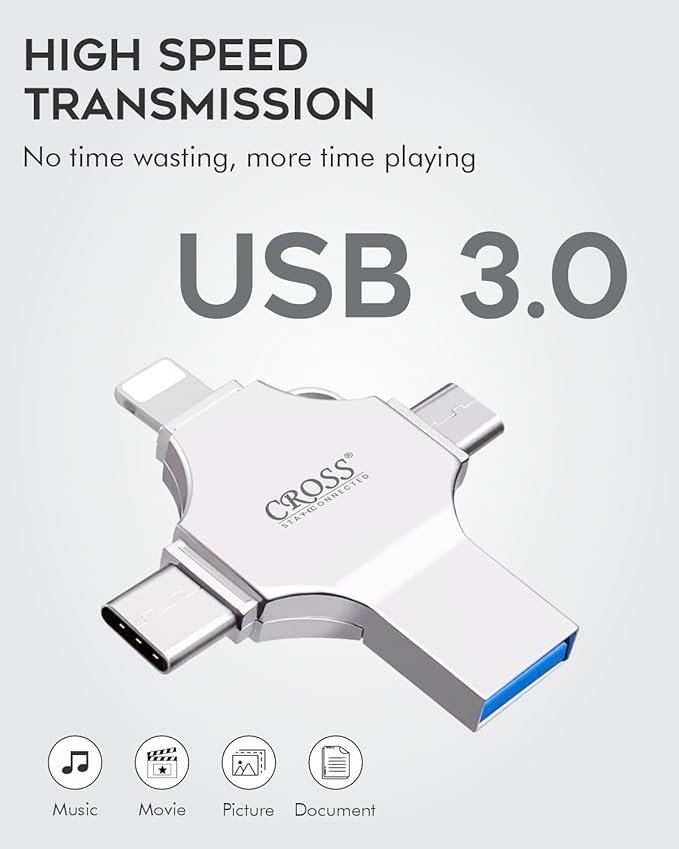 Flash Drive 64GB 4 in 1 Pendrive with Light-ning, Micro USB, USB A, Type-C Interface Mini Hangable Pen Drive for iOS & Android Compatible with Phone, Pad, Android, PC and More Devices - Image 4