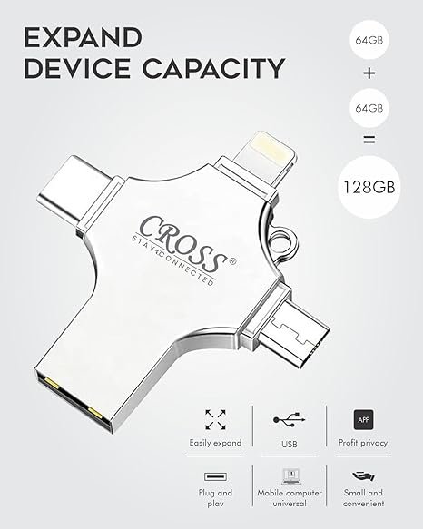 Flash Drive 64GB 4 in 1 Pendrive with Light-ning, Micro USB, USB A, Type-C Interface Mini Hangable Pen Drive for iOS & Android Compatible with Phone, Pad, Android, PC and More Devices - Image 3