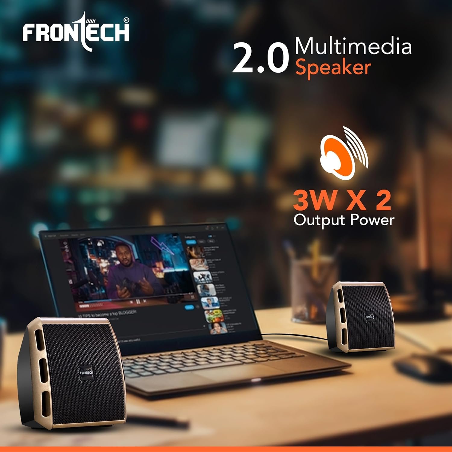 FRONTECH 2.0 USB Powered Multimedia Speakers with Foam Edge | 6W Output Power | AUX/USB Connectivity | for Laptop, PC, Mobile | Volume Control (SPK-0010, Black/Gold) - Image 2