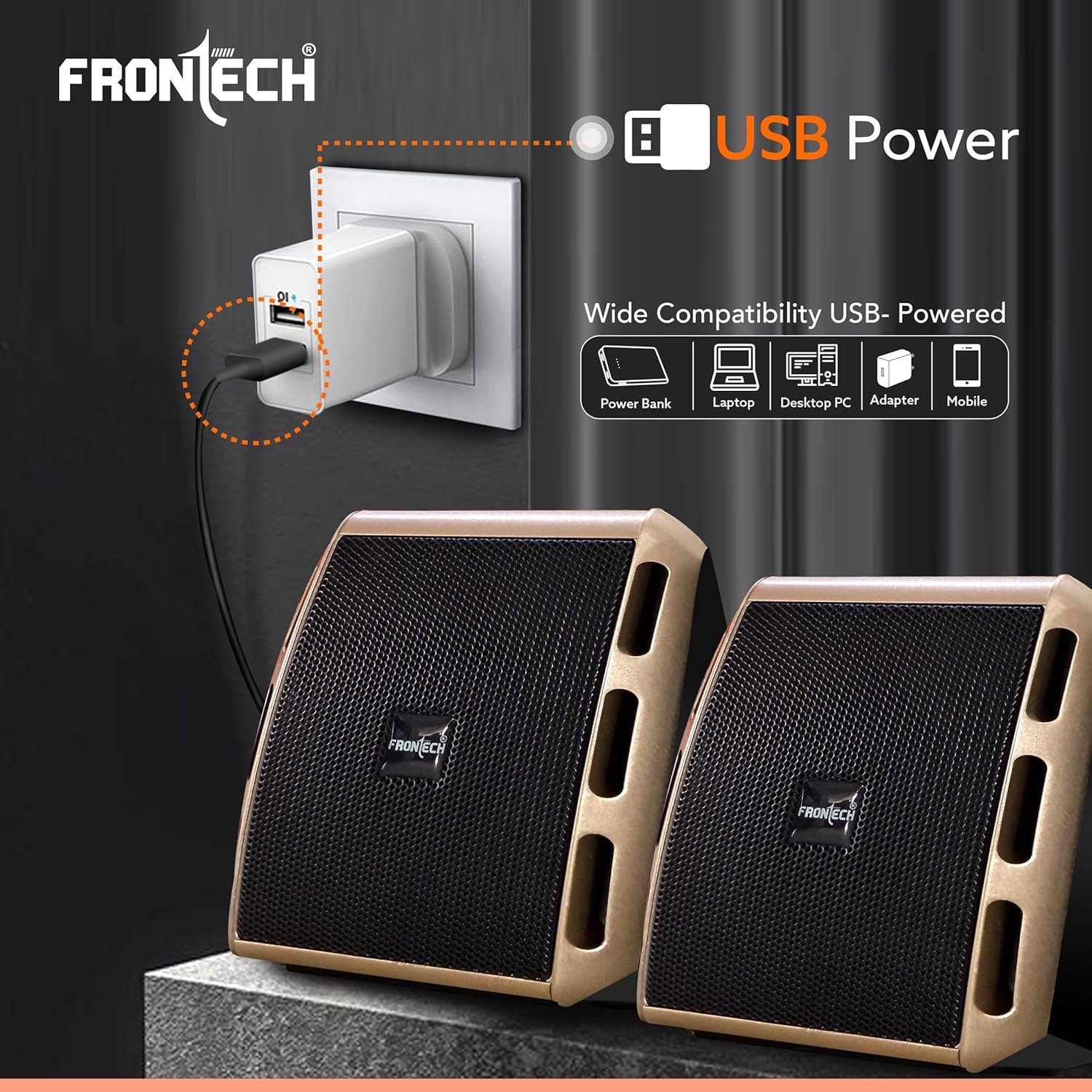FRONTECH 2.0 USB Powered Multimedia Speakers with Foam Edge | 6W Output Power | AUX/USB Connectivity | for Laptop, PC, Mobile | Volume Control (SPK-0010, Black/Gold) - Image 3