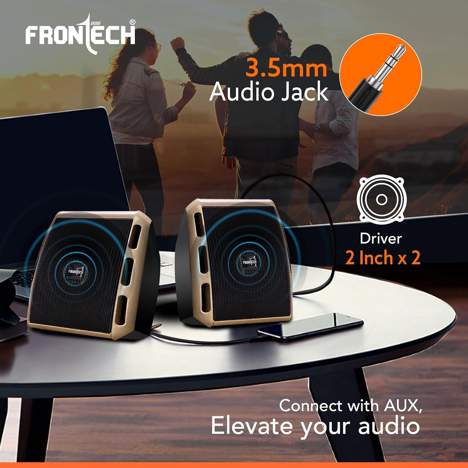 FRONTECH 2.0 USB Powered Multimedia Speakers with Foam Edge | 6W Output Power | AUX/USB Connectivity | for Laptop, PC, Mobile | Volume Control (SPK-0010, Black/Gold) - Image 4