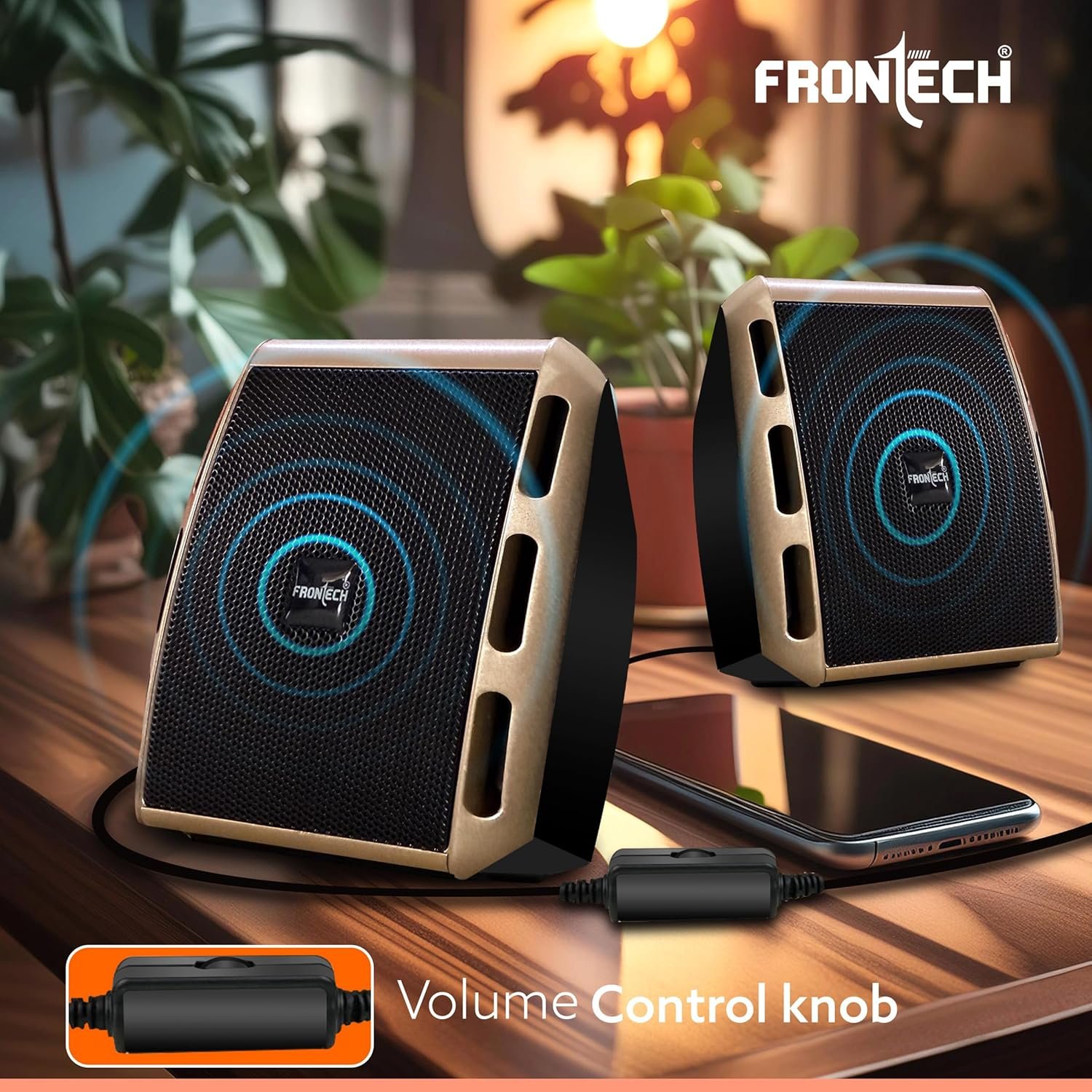 FRONTECH 2.0 USB Powered Multimedia Speakers with Foam Edge | 6W Output Power | AUX/USB Connectivity | for Laptop, PC, Mobile | Volume Control (SPK-0010, Black/Gold) - Image 5