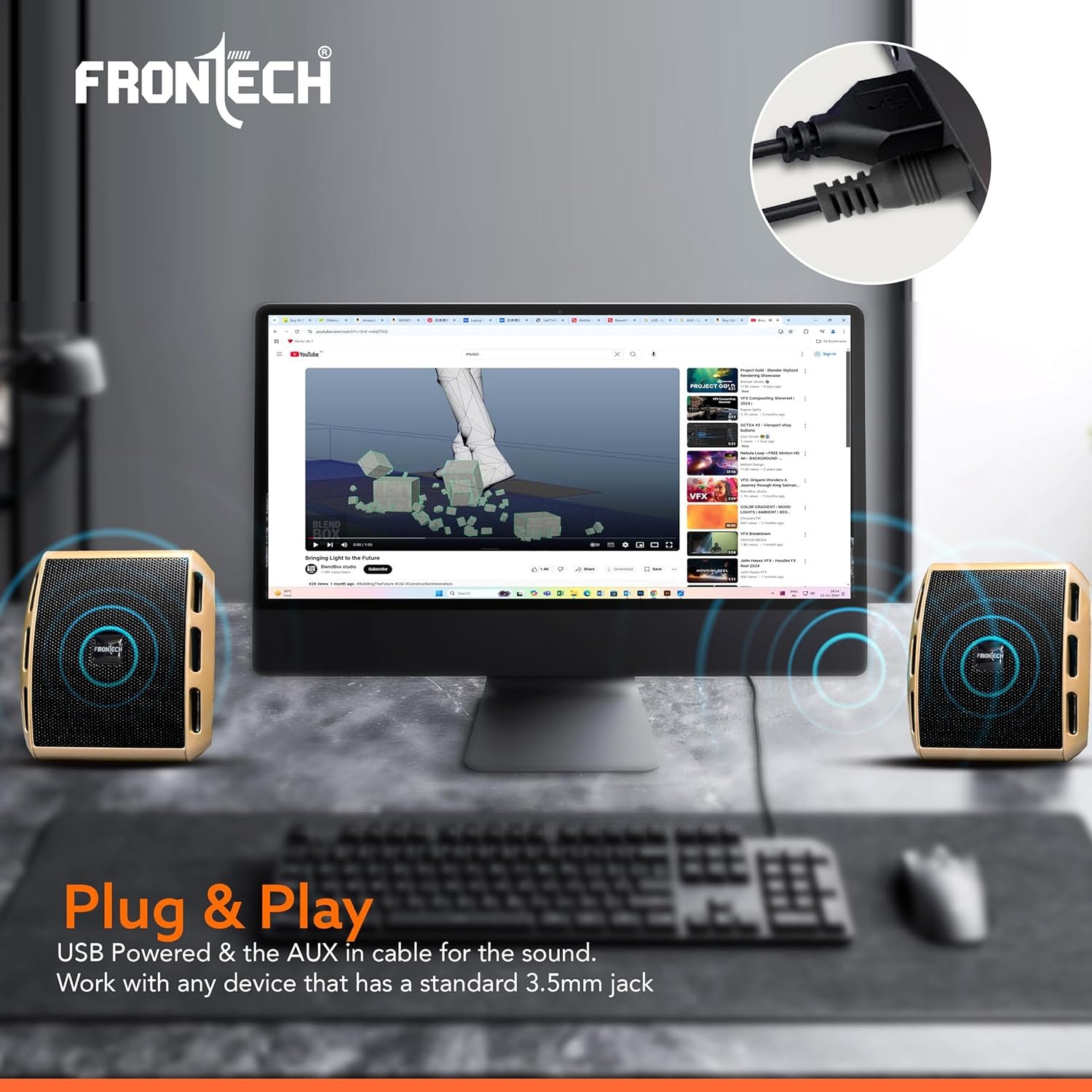 FRONTECH 2.0 USB Powered Multimedia Speakers with Foam Edge | 6W Output Power | AUX/USB Connectivity | for Laptop, PC, Mobile | Volume Control (SPK-0010, Black/Gold) - Image 6
